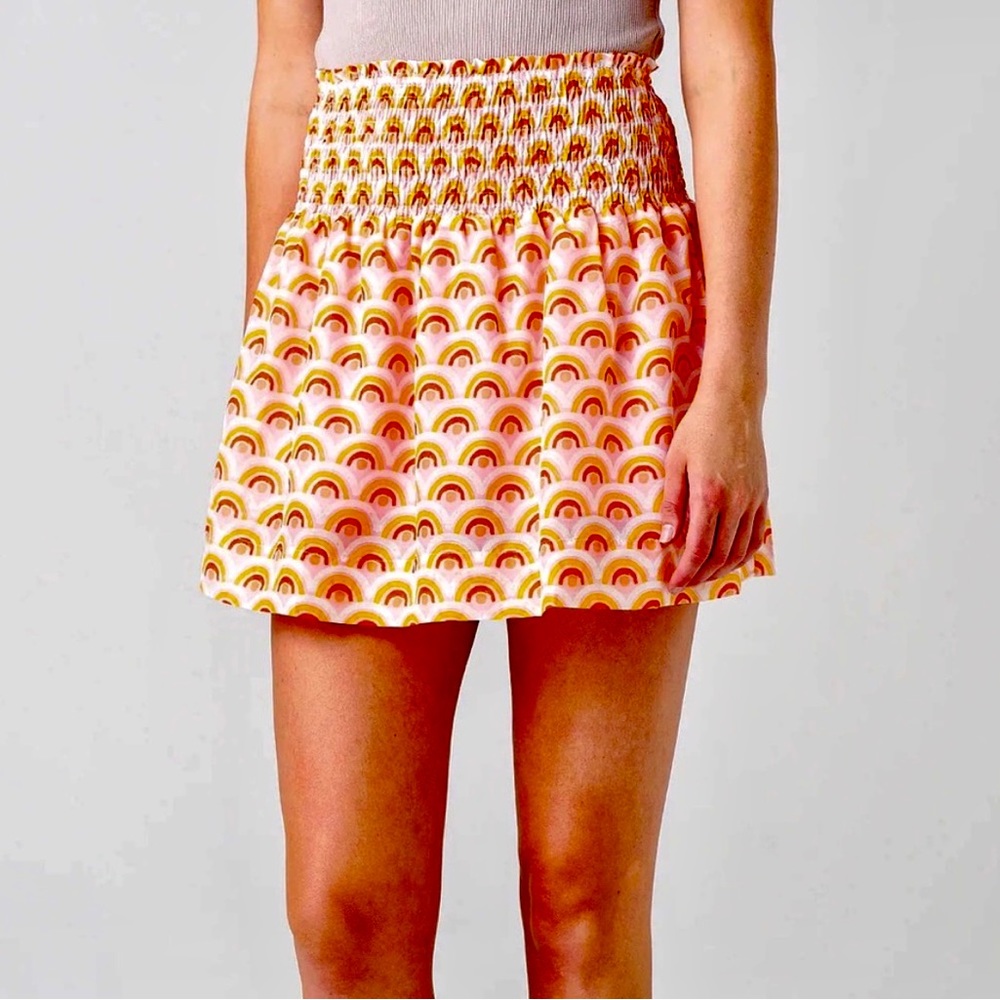 J. Marie smocked skirt. Boho rainbow print in pretty corals and pinks. Sz. Small